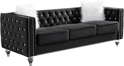 Mikibama Velvet 3 Seater Sofa Couch with Buttons and Square Arms 83.07 Inch Tufted 3-seat Sofas with Trimmed Nailhead and Acrylic Legs Modern Couches for Living Room,Bedroom (Black-crystal Legs, Sofa)