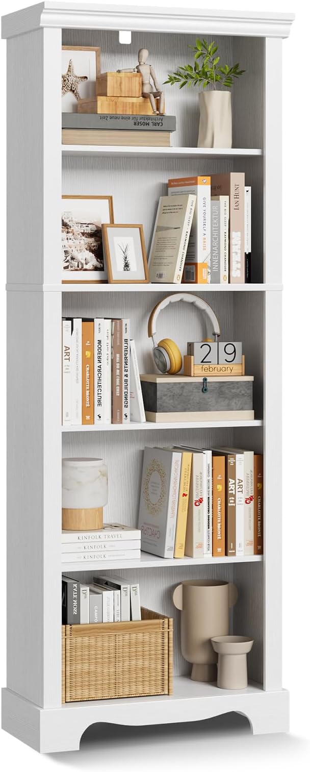 5-Tier Bookshelves and Bookcases, 61.1 inch Tall Bookshelf with Ample Storage Space, Wooden Bookcase, Modern Bookshelf for Study Room, Living Room, Home Office, Bedroom (White)