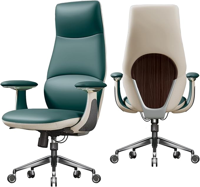 Ergonomic Genuine Leather Office Chair, Executive Chair with Tilt Adjustable High Back and Lumbar Support, 400lbs Weight Capacity Metal Base with 360° Flexible Wheels, Green