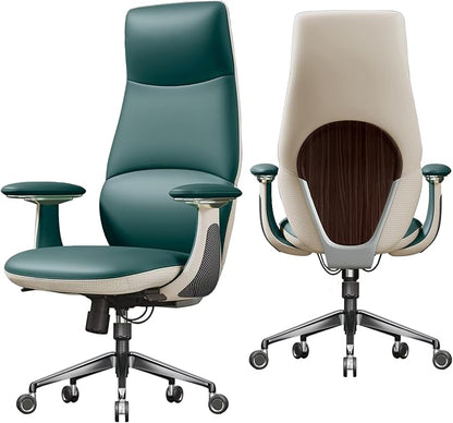 Ergonomic Genuine Leather Office Chair, Executive Chair with Tilt Adjustable High Back and Lumbar Support, 400lbs Weight Capacity Metal Base with 360° Flexible Wheels, Green