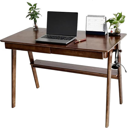 Mid-Century Modern 100% Solid Wood Writing Desk, 47" Rubberwood Home Office Computer Table & Workstation Desk with 2 Drawers, Lower Shelf & Side Hooks, 350 lbs Load, Laptop Desk