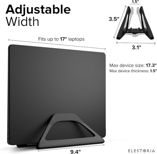 Elestoria Aluminum Vertical Laptop Stand with Gravity Auto-Lock – Adjustable Laptop Holder Vertical fits MacBook Pro/Air, Chromebook & Gaming Laptops up to 17.3" – Space-Saving Desktop Dock - Black