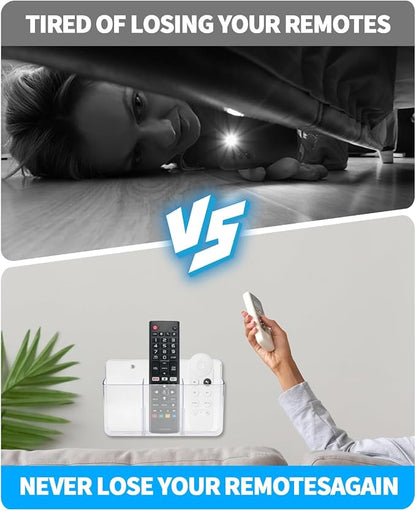 1 PCS Adhesive Remote Control Holder Wall Mount, 3 Slot Adjustable Remote Holder for TV Controller with Hollow Bottom for Charging, Wall Pen Holder for Home Office School (Clear, 1)