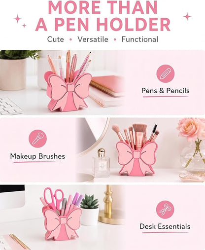 2-Pack Cute Pink Bow Pen Holder, Pink Bow Desk Accessories Set, Wooden Desk Organizer & Decorations for Office and School Supplies, Aesthetic Decor Gift for Women Girls