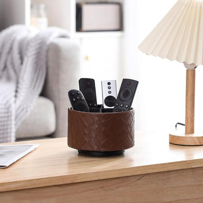 Remote Organizer for Table, PU Leather 360 Degree Rotating TV Remote Caddy with 4 Compartments, TV Control Holder for DVD, Blu-Ray, Media Player, Heater Controllers, Brown PH114