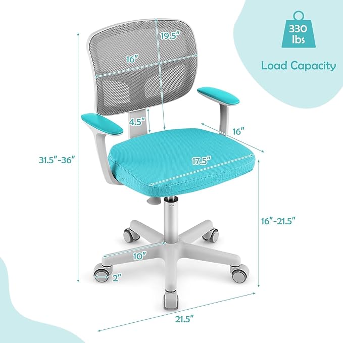 Kids Desk Chair, Height Adjustable Children Study Chair w/Lumbar Support, Swivel Mesh Seat, Universal Casters, Ergonomic Kids Task Chair for Boys Girls Aged 3-10, Home, School, Office (Green)