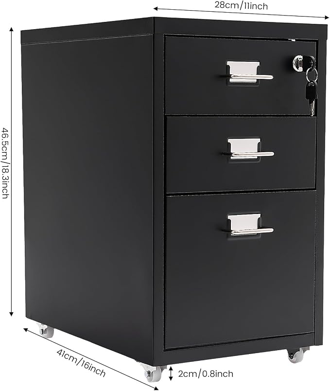3-Drawer File Cabinet with Lock, Metal Mobile Filing Cabinet Vertical Storage Under Desk for Home Office Fits Legal Letter Document