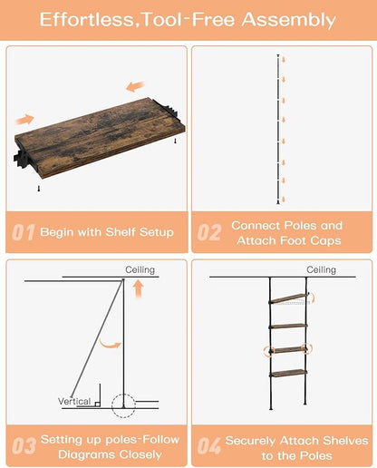 ALLZONE Adjustable Tall Narrow Bookshelf, 4-Tier Floor-to-Ceiling Tension Mount Ladder Book Shelf with Storage for Versatile Uses, Fits 64-113 Inch Ceilings, 20.28-Inch Wide Wood Shelves, Rustic Brown