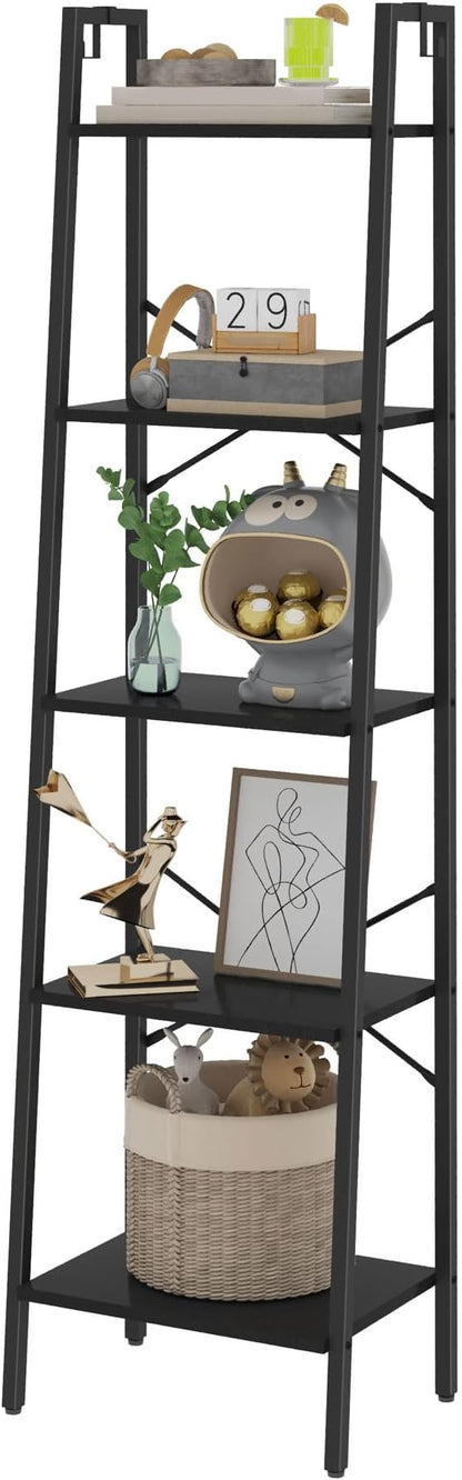 Hzuaneri Ladder Shelf, Bookshelf Bookcase, Freestanding Corner Storage Shelve with 2 Hooks for Home Office, Living Room, Kitchen, Bedroom, Industrial, 11.8" D x 17.3" W x 63" H, Black BC19204B