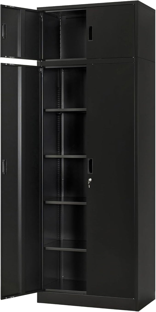 Wanfu Metal Storage Cabinet, 87" H x 32" W x 16" D Locking Storage Cabinets with 4 Adjustable Shelves and Top Cabinet for Office, Garage, Home-Black