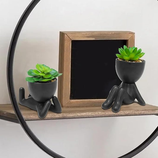 Zerzsy 2PCS Cute Artificial Succulent Plants with Black Human Shaped Pots, Fake Succulents Desk Decor Plant, Mini Potted Planter for Office Decor Desktop Bathroom Decor
