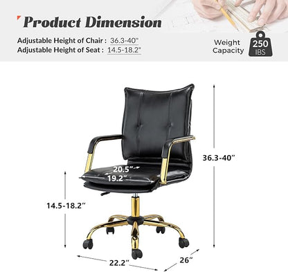 HULALA HOME Faux Leather Home Office Desk Chair, Adjustable Swivel Computer Chair with Golden Legs and Arms, Comfy Upholstered Task Chair, Black