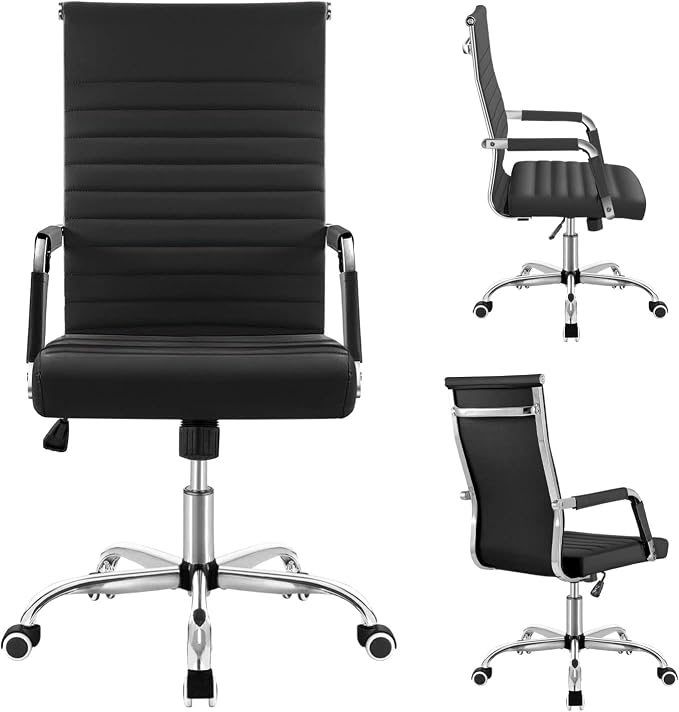 Shahoo Ribbed Office Chair, Mid-Back PU Leather Office Chair Executive Task Chair with 360° Swivel Wheels for Conference Room, Home Offices (Black)
