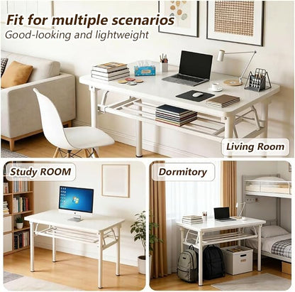 Folding Desk for Small Spaces, 31.5 Inch Foldable Computer Desk, No Assembly Required, Space Saving Portable Study Table for Compact Home Office, Bedroom, Dorm, Apartment, White