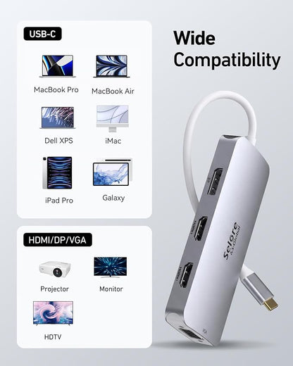 USB C Docking Station Dual HDMI Monitor Adapter, Selore USB C Hub 3 Monitors with Dual HDMI, Displayport, VGA, 100W PD Charging, 3USB 2.0 Ports Adapter for Dell XPS,HP, Lenovo,etc(Silver)