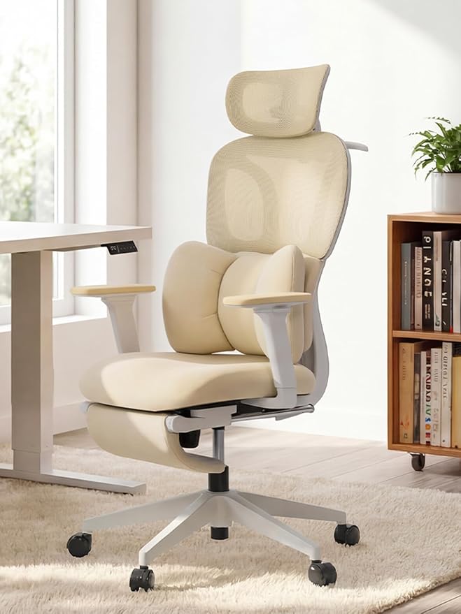 CabLady S1 High Back Ergonomic Mesh Office Chair with Footrest, 300 lbs | 115° Recline Lock, Adjust Seat Depth, 2D Arms, 3D Headrest, Detachable Lumbar Support, Breathable Mesh, BIFMA, Cream