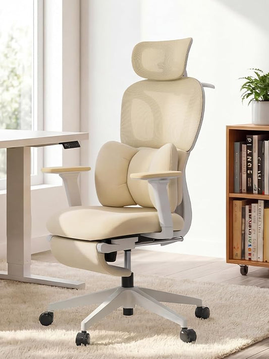 CabLady S1 High Back Ergonomic Mesh Office Chair with Footrest, 300 lbs | 115° Recline Lock, Adjust Seat Depth, 2D Arms, 3D Headrest, Detachable Lumbar Support, Breathable Mesh, BIFMA, Cream