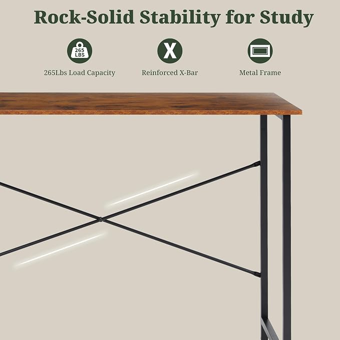 Computer Desk 48 Inch, Home Office Desk Simple Study Writing Table, Sturdy Metal Frame, Scratch-Resistant MDF Desktop for Bedroom Dorm Workspace, Brown