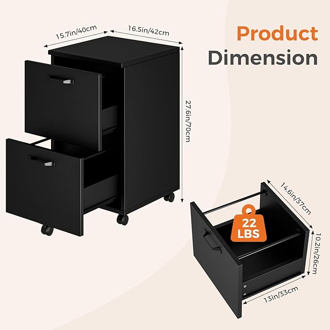Simple Deluxe 2 Drawer Filing Cabinet, Wood Rolling Filing Cabinets with Printer Stand, Under Desk Storage Lockable Wheels, Home Office Organizer for A4 Letter Legal Size Documents,Black