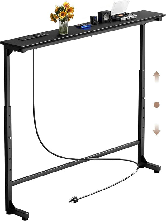 Keelian 45 inch Narrow Console Table with Outlet,Adjustable Height(25"-37") Behind Sofa Table,Couch Behind Table Skinny,Couch Shelf with Charging Station,Long Entryway Tables for Living Room,Black
