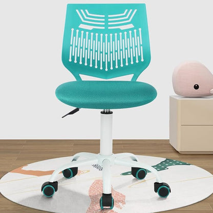 FurnitureR Desk Chair Armless, Adjustable Small Home Office Task Chair with Mesh Padded Cushion, Swivel Study Computer Chair with Rolling Wheels for Children Kids Teens Students, Aqua Green