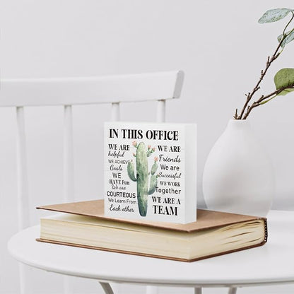 mmiishe Cactus Decor Desktop Decoration Motivational Gifts for Coworkers | Encouragement Gifts for Colleagues Women Men A Team Mental Health Decor for Office Meeting Rooms Wood Box Sign 5 x 5 Inches