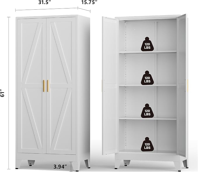 Metal Kitchen Pantry Cabinet, 61" White Farmhouse Storage Cabinet with 2 Vintage Barn Doors and 3 Adjustable Shelves, Rustic Freestanding Cupboard for Kitchen,Home Office Living Room,Dining Room