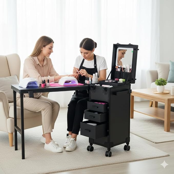 Portable Manicure Table with Storage – Travel Nail Desk | 360° Swivel Wheels Rolling Case, Professional Mobile Salon Station, Cosmetic Makeup Organizer Cart for Tech On the Go