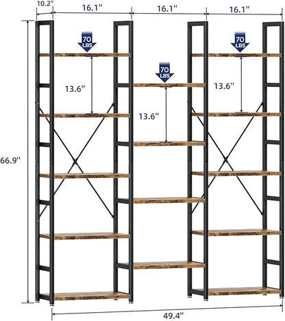 NUMENN Triple Column 5 Tier Bookshelf, Bookcase with 14 Open Display Shelves, Adjustable Rustic Industrial Style Book Shelves, Modern Bookshelves for Bedroom, Living Room and Home Office, Vintage