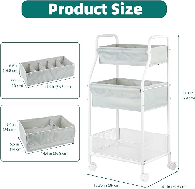 Moteph Rolling Utility Cart with Wheels, 3-Tier Diaper Cart, Rolling Nursery Cart & Baby Caddy Organizer for Nursery Essentials, Bedside/Postpartum Cart, Craft & Art Storage, Rolling Book Cart