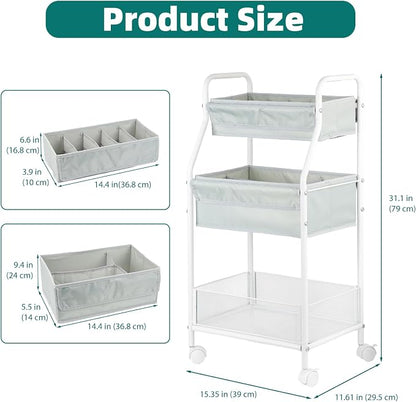 Moteph Rolling Utility Cart with Wheels, 3-Tier Diaper Cart, Rolling Nursery Cart & Baby Caddy Organizer for Nursery Essentials, Bedside/Postpartum Cart, Craft & Art Storage, Rolling Book Cart