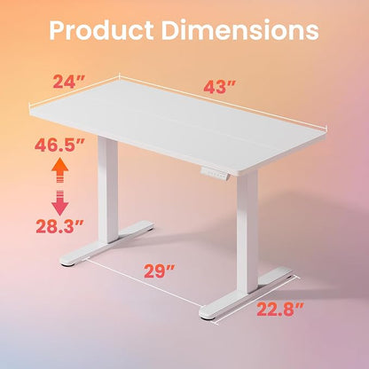 HUANUO 43 x 24 inch Electric Standing Desk Adjustable Height, 4 Memory Height Settings, Sit Stand Up Desk for Home Office & Computer Workstation, White