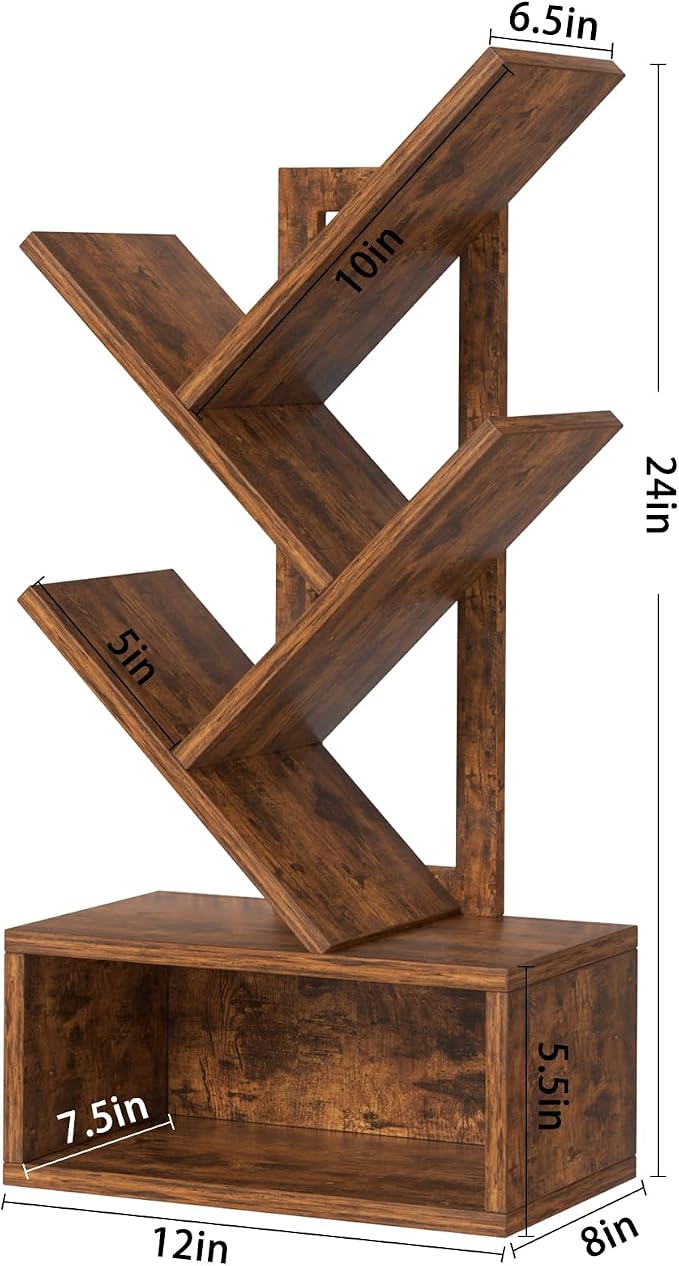 SHEEPAM Small Tree Book Shelf,5 Tier Black Tree Bookshelf,Brown Desktop Bookcase,Modern Desk Display Storage Bookshelves,Floor Standing Organizer Bookcases for Living Room,Bedroom,Office-White-Brown