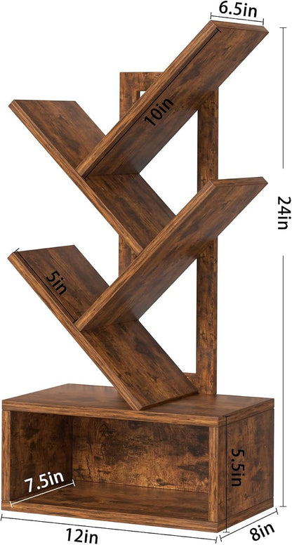 SHEEPAM Small Tree Book Shelf,5 Tier Black Tree Bookshelf,Brown Desktop Bookcase,Modern Desk Display Storage Bookshelves,Floor Standing Organizer Bookcases for Living Room,Bedroom,Office-White-Brown