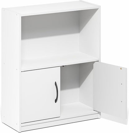 Furinno Gruen Book Shelf, 2-Tier Small Bookshelf, Bookcase with Open Shelf and Doors Storage Cabinet, 9.3 x 21.8 x 27, for Organization and Storage, for Living Room, Bedroom, Home Office, White