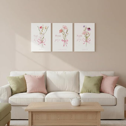 Baby Girl Nursery Wall Art Set of 3 Pink Bow Floral Canvas Prints, Christian Bible Verse Nursery Decor, Cute Flower Posters Pictures with Scripture for Girls Room Bedroom Framed 12x16 Inch