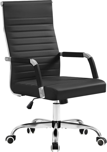 Furmax Ergonomic Office Desk Chair, Executive Ribbed Mid-Back PU Leather Conference Room Chair Adjustable Swivel Chair with Arms (1, Black)