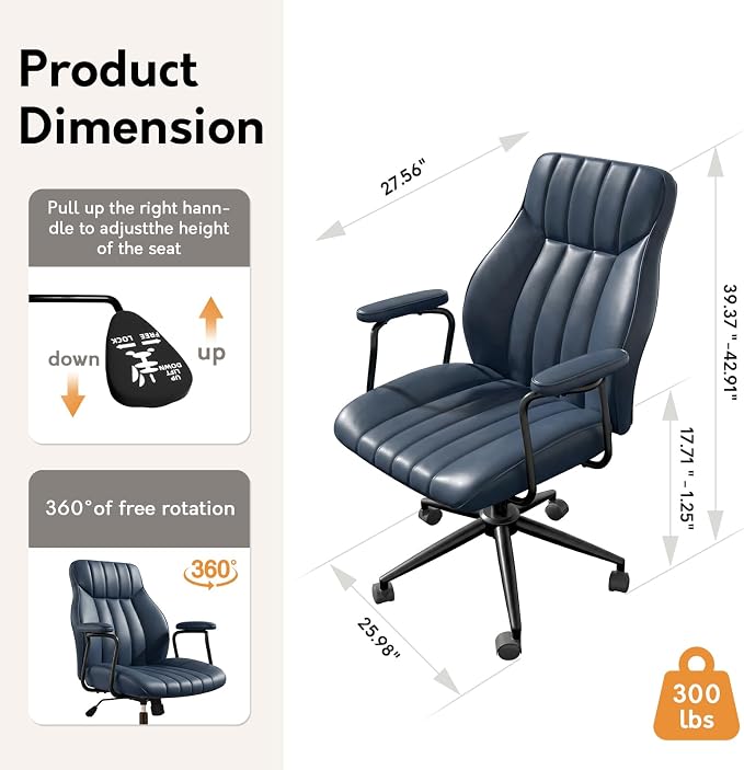 Blue Leather Office Chair, Mid Century Home Office Desk Chair | Ergonomic Curve Design, Removable Padded Arms, Height Adjustable Swivel Seat & Smooth Wheels, Vintage Mid-Back Computer Chair