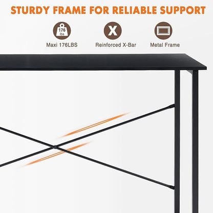 Sweetcrispy Small Computer Desk, 47" Office Writing Desk with Metal Frame & Wooden Top, X-Shaped Reinforcement, Student Study Workstation for Home Bedroom, Black