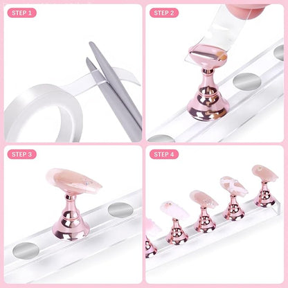 JUSTOTRY 2 Sets Pink Nail Painting Practice Stand With 1M Double-sided Tape Acrylic Fake Nail Art Holder For Press Ons Magnetic Nail Display Design Tools Kit Accessories For Home Diy Salon Supplies