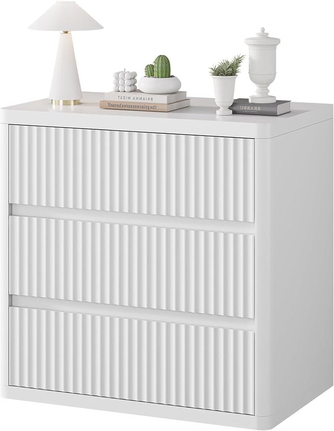 White Nightstand with 3 Drawers, Fluted Nightstand with Large Storage, Modern Handleless Design Bedside Table for Bedroom, End Table for Living Room, Unique Curved Profile Side Table