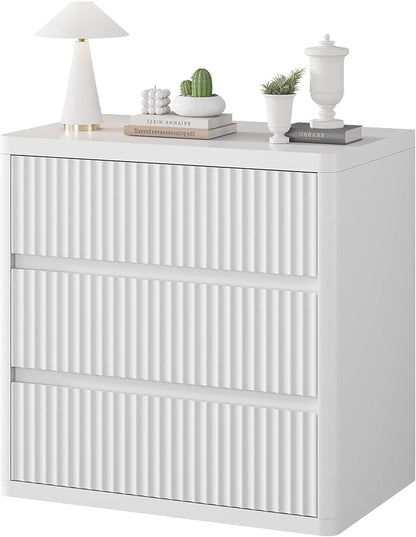 White Nightstand with 3 Drawers, Fluted Nightstand with Large Storage, Modern Handleless Design Bedside Table for Bedroom, End Table for Living Room, Unique Curved Profile Side Table