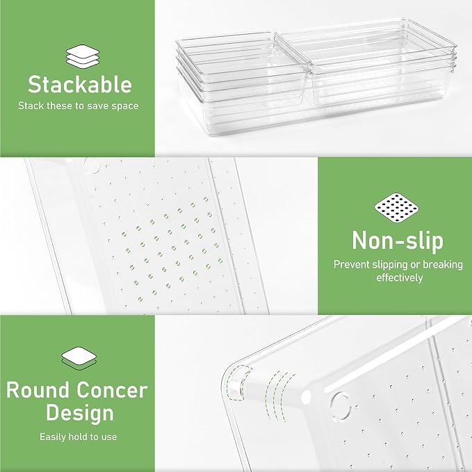 4PCS Clear Plastic Drawer Organizer Tray, 12'' Large Acrylic Vanity Bathroom Drawer Organizers Trays, Desk Drawer Organizer Bins for Cosmetics, Makeup, Kitchen, Office, Junk Drawer Organization