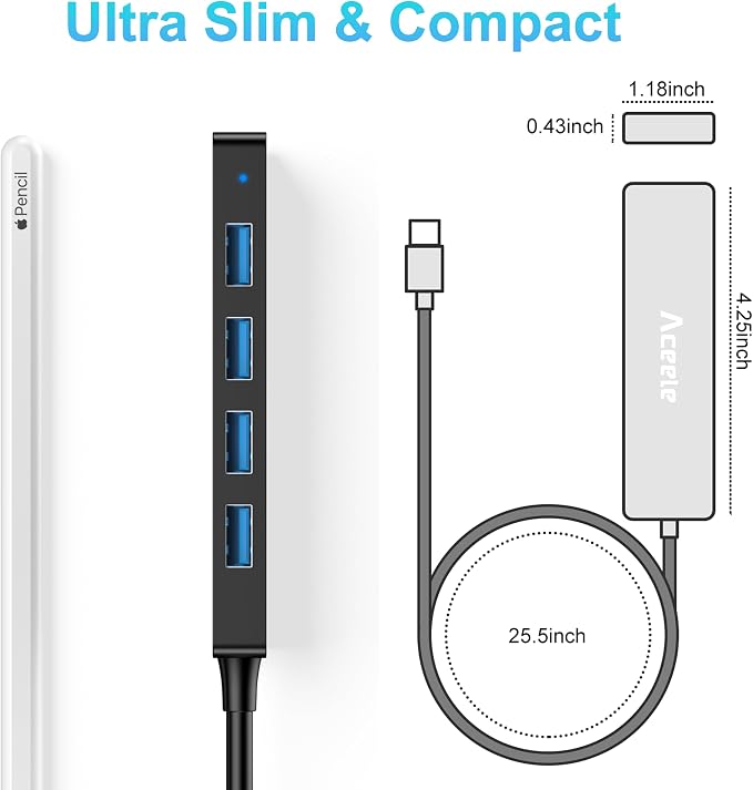 Aceele 4-Port USB 3.0 Hub, Ultra-Slim Data USB Hub with 2ft Extended Cable [Charging Not Supported], USB Extender for MacBook, Mac Pro, Mac mini, iMac, Surface Pro, XPS, PC, Flash Drive, Mobile HDD