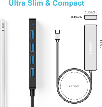 Aceele 4-Port USB 3.0 Hub, Ultra-Slim Data USB Hub with 2ft Extended Cable [Charging Not Supported], USB Extender for MacBook, Mac Pro, Mac mini, iMac, Surface Pro, XPS, PC, Flash Drive, Mobile HDD