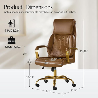 HULALA HOME Executive Office Chair, Adjustable Airbag Lumbar Support, Modern Leather Ergonomic Office Chair with Padded Armrests, Tilting & Swivel, Camel and Gold