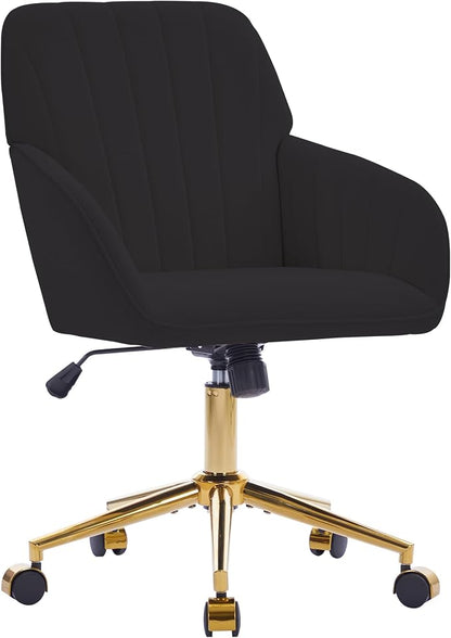 Velvet Home Office Desk Chair, Modern Cute Computer Task Chair with Back, Height Adjustable Upholstered Vanity Chair with Swivel Wheels for Women, Girls (Gold Base, Black