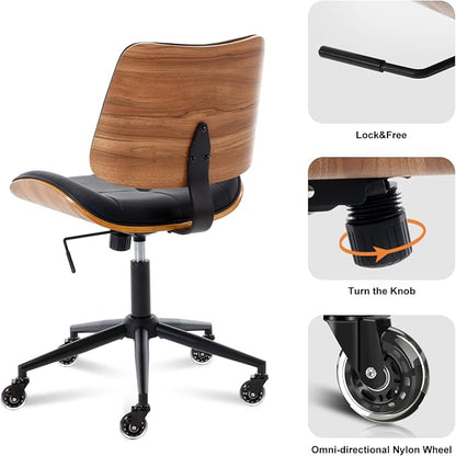 BV Armless Office Chair with Rubber Wheels, 360° Swivel Adjustable Task Chair, PU Leather Rolling Desk Chair for Home Office, Study and Conference Room, Black