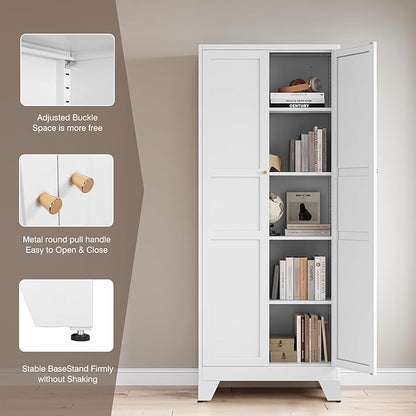 Yizosh Metal Pantry Cabinet,- 72" White Kitchen Pantry Storage Cabinet with Doos and Adjustable Shelves for Kitchen, Living Room,Dining Room,Home