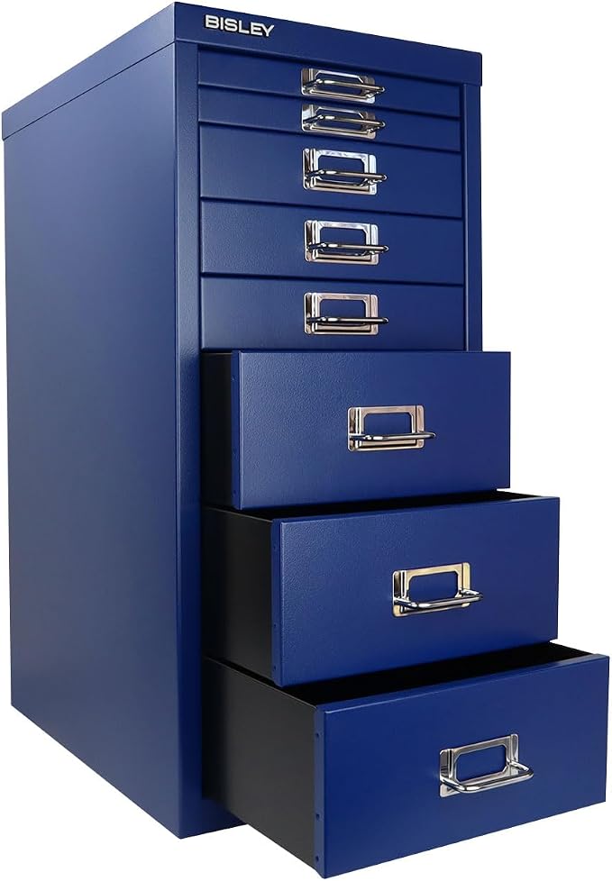 Bisley 8-Drawer Steel MultiDrawer Cabinet - Oxford Blue | Chrome Pull Handles with Label Holders, Powder-Coated Steel, Removable Drawers, Fits Under Most Desks, Labels Included